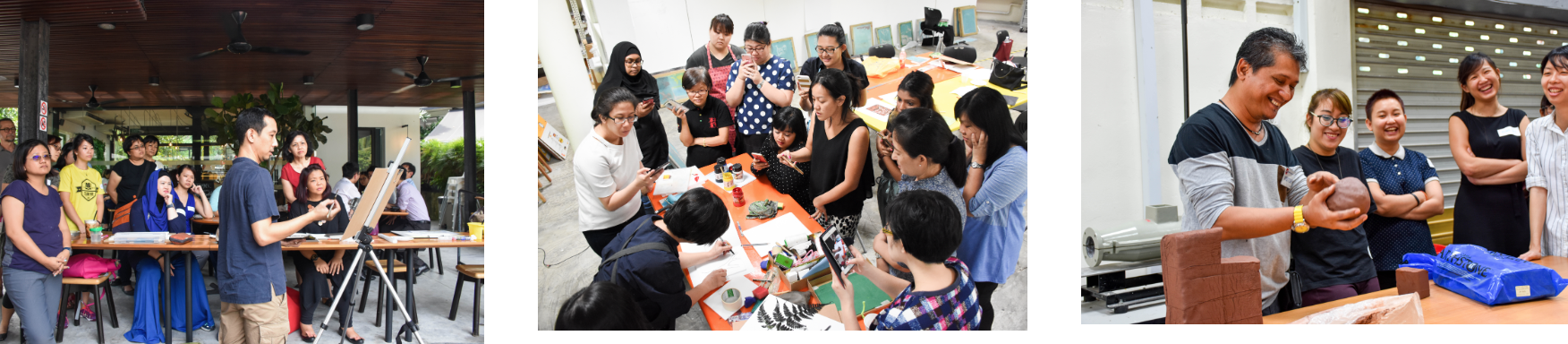 Three workshop scenes showing groups of art teachers engaged in art activities including drawing, crafting and pottery demonstrations.